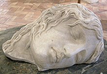 A bust of the head of an Erinyes, asleep and laying on her side. She has human features and normal hair.