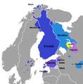 Verbreitungsgebiet ostseefinnischer Sprachen. Nur in den dunkelblau eingefärbten Gebieten wird eine Varietät der finnischen Sprache gesprochen.