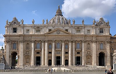 St. Peter's Basilica, Rome, by Donato Bramante, Michelangelo, Carlo Maderno and others, completed in 1615[28]