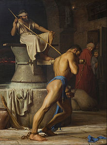 Samson, prisoner of the Philistines, turns the millstone in prison, Carl Bloch (1863)