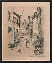Etching of a street with buildings on three sides in the background and in the foreground a man on the left, a woman with a basket in the center and a woman with a cloth on the right