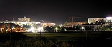 A night scene of a building complex.