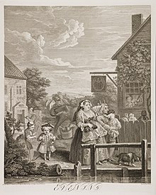engraving from 1736 with people walking near a canal