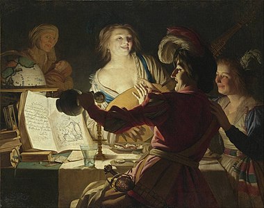 Gerard van Honthorst, Merry Company, 1623, using the chiaroscuro technique typical of Utrecht Caravaggism