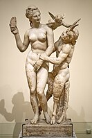 The so-called Slipper Slapper Group: Aphrodite and Eros fighting off the advances of Pan. Marble, Hellenistic artwork from the late 2nd century BC.