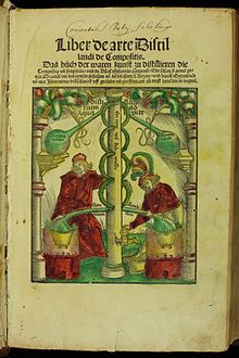 Distillation apparatus for aqua vitae from Hieronymus Brunschwig, Liber de arte Distillandi (1512).