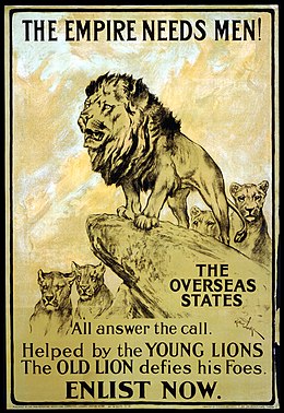 The poster states “the empire needs men! The overseas states all answer the call. Helped by the young lions the old lion defies his foes. Enlist now.” There is an olden lion standing on a rock with four young lions in the background.
