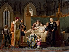The meeting of Charles VIII and Gian Galeazzo Sforza in Pavia in 1494, Pelagio Palagi. In front of her dying husband's bed, Duchess Isabella of Aragon begs the sovereign Charles VIII on his knees not to want to continue the war against Alfonso her father and entrusts him with her son Francesco. Next to the king, with a shady face, stands Duke Ludovico, presumed responsible for the poisoning.