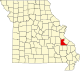 A state map highlighting Saint Francois County in the southeastern part of the state.