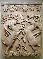 Confronted animals, here ibexes flank a Tree of Life, from Sasanian Iran (fifth or sixth-century AD) (Cincinnati Art Museum)