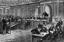 Drawing of group of men in the Senate chamber arranged around the dais