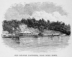 Picture of Old Calabar Factories from HM Stanley's book "The Congo and the founding of its free state; a story of work and exploration (1885)"