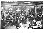 Rows of printing presses. Caption reads "The Press Room in the Engraving Department"