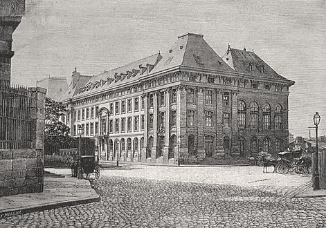 View of the parvis in 1877 facing northwest. Pictured is the Montyon building which was demolished by Haussmann.