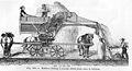 A horse-powered threshing machine. The horse and harness nearest the viewer have been omitted to show the machinery.