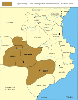The county of Ausona at the start, united with the other counties of Borrell (in brown).