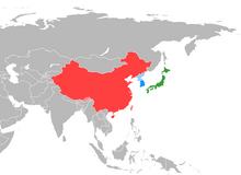 Map of East Asia indicating China (red), Taiwan (pink), Japan (green), South Korea (blue), and North Korea (light blue).