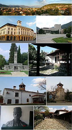 Top: Panorama view of Sliven, 2nd left: Sliven City Hall, 2nd right: Stefan Kirov Drama Theater, 3rd left: Monument of Hadji Dimitar, 3rd right: Hadji Dimitar House Museum, 4th left: Saint Dimitar Cathedral, 4th right: Clock Tower, Bottom left: A bust chieftain of Hadji Dimitar in Dimitar House Museum, Bottom right: Slivenski Bit Museum