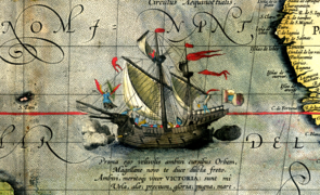 The Victoria, ship of the Magellan-Elcano expedition (1519-1521), in an illustration of a map by Abraham Ortelius, 1590.