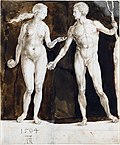 Adam and Eve, pen, brown ink and white watercolor, two sheets joined with another strip, brown wash, 24.2 x 20.1 cm, Morgan Library & Museum (I, 254d)