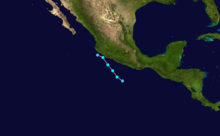 A track map of a tropical storm just off the west coast of Mexico; it is short and generally northwestward