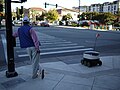 Image 74A man and a delivery robot waiting at a pedestrian crossing in Redwood City, California, United States. E-commerce spurred advancements in drone delivery and transformed parts of the services and retail sectors (from 2010s)