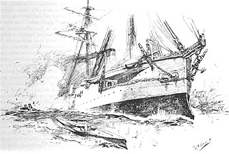 Ship of Temeraires type sinking by the stern after being torpedoed aft