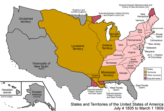 Map of the United States after the creation of the Territory of Louisiana on March 3, 1805
