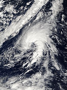 View of the storm from space on 4 October 2005. Though located over the open Atlantic Ocean and Middle East, the Azores are visible on the northern side of the image.