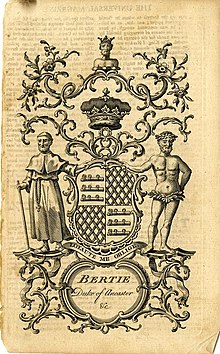 A bookplate showing the coat of arms for Bertie, Duke of Ancaster