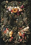 Jan Davidsz. de Heem: Früchte- und Blumenkartusche mit Weinglas (= Abendmahlskelch ?), 1651, Öl auf Leinwand, 122,5 × 86,5 cm, Gemäldegalerie, Berlin