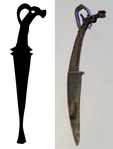 Deer stone drawing of a dagger and its scabbard (left), and Chinese Shang dynasty knife in Northern Steppe style (right).[12]