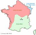 État français (grüne Zone), deutsch besetzt (rote Zone)