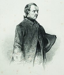 Three-quarter-length drawing of a middle aged man with hair pulled back, in a heavy coat with large cuffs.