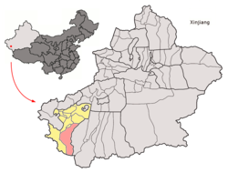 Location of Kargilik County (red) within Kashgar Prefecture (yellow) and Xinjiang