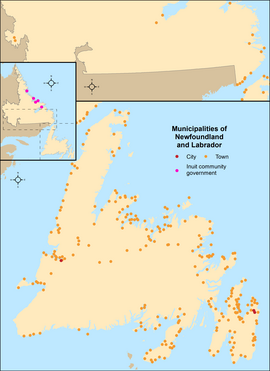 Map showing locations of all of Newfoundland and Labrador's municipalities