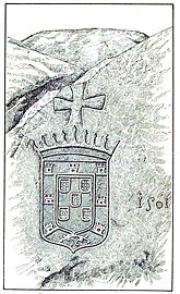 Lithograph of the Portuguese coat of arms carved on a boulder in Sri Lanka.