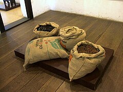 Coffee beans in burlap bags, gunny sacks