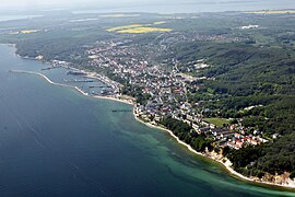 Sassnitz aerial view (2011), the famous chalk cliffs of the Jasmund National Park to the right. More aerial photos