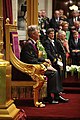 King Philippe I of Belgium seated on the throne inside the senate during his swearing-in ceremony