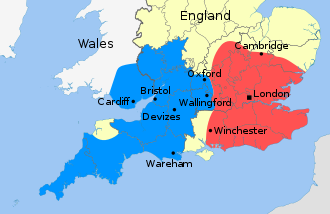 The areas controlled by Stephen and Matilda in England, c. 1140