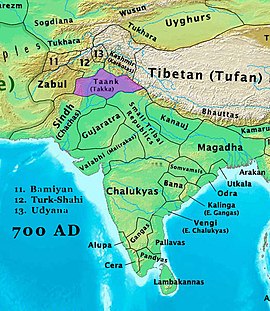 Taank Kingdom shown in violet in the north of the Indian subcontinent circa 700 AD.
