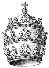 Eine grafische Zeichnung von einer Papstkrone, die in drei Bereiche mit Ornamenten untergliedert ist. Auf der Spitze befindet sich ein Reichsapfel.