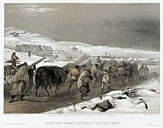 British lithograph published March 1855, after a water-colour by William Simpson, shows winter military housing under construction with supplies borne on soldiers' backs. A dead horse, partially buried in snow, lies by the roadside.