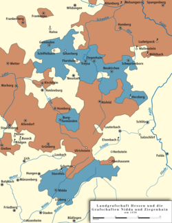 Counties of Ziegenhain and Nidda (blue) and the County of Hesse (brown) ca. 1450