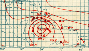 Map showing isobars associated with the hurricane near Jamaica