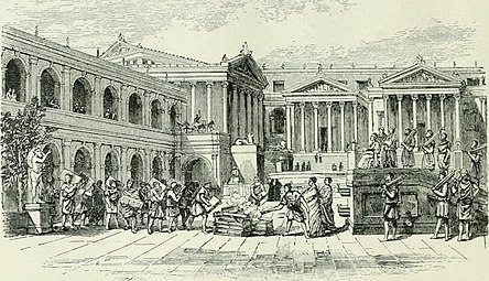 The Roman forum; note people looking out from the triforium of the Basilica Julia, above left. The arches on both sides of the basilica's triforium were unglazed.