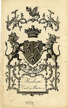 A bookplate showing the coat of arms for the Earl of Powis