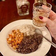 Burns Supper with haggis, neeps and tatties and a glass of whisky
