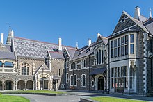 The North Quad at the Arts Centre te Matatiki Toi Ora featuring the Great Hall, Classics and Clock Tower buildings.